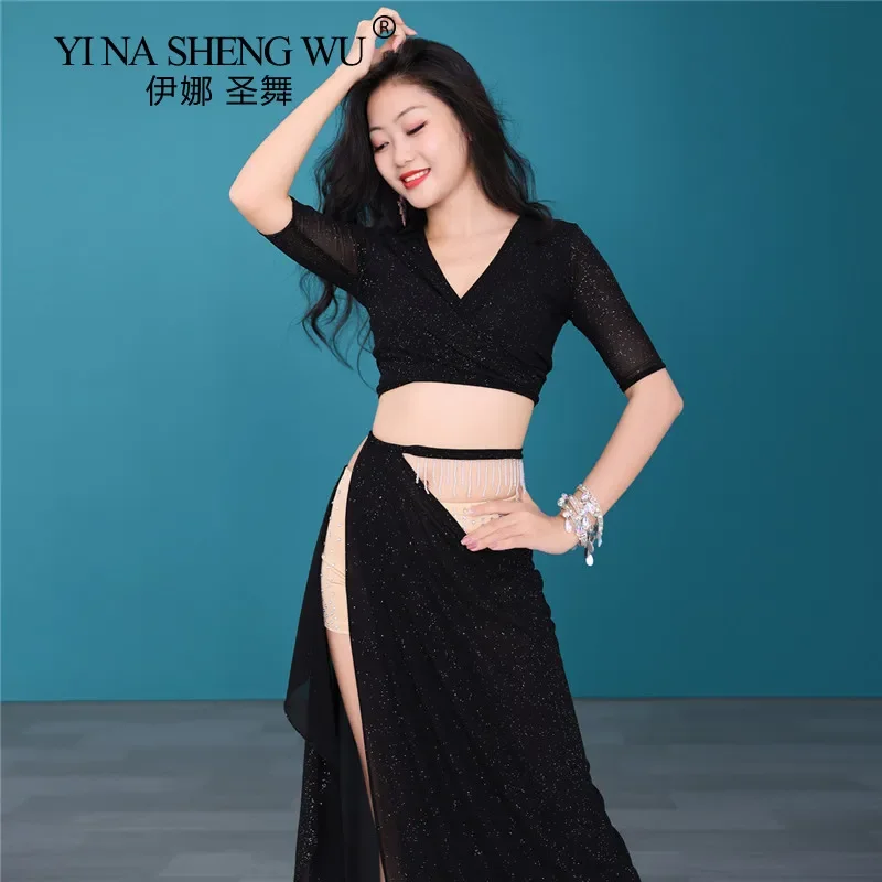 Belly Dance Top Women Elegant Training Suit Split Long Skirt Professional Performance Practice Outfit Adult