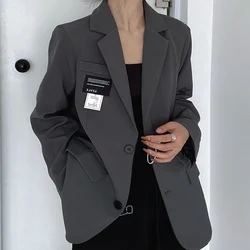 Blazers Vrouwen Herfst Koreaanse Elegante Zachte Jas Kantoor Dame Solide Harajuku Losse Zak Enkele Rij Knopen Trendy Mode Pak