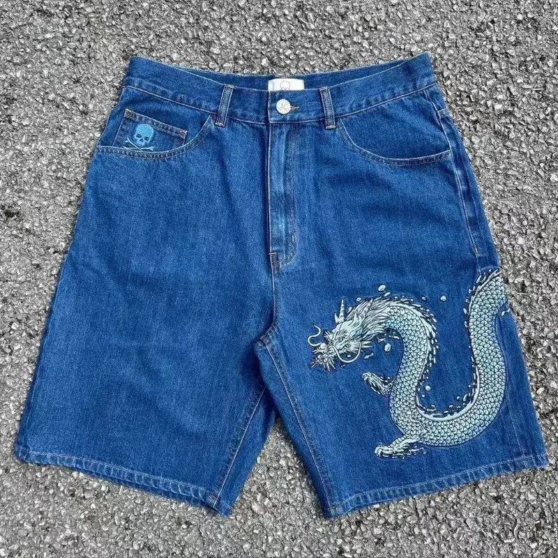 

Summer New Style Hip Hop Dragon Pattern Printed Denim Shorts High Street Trend Five-Point Pants Loose Straight Cut Jeans Shorts