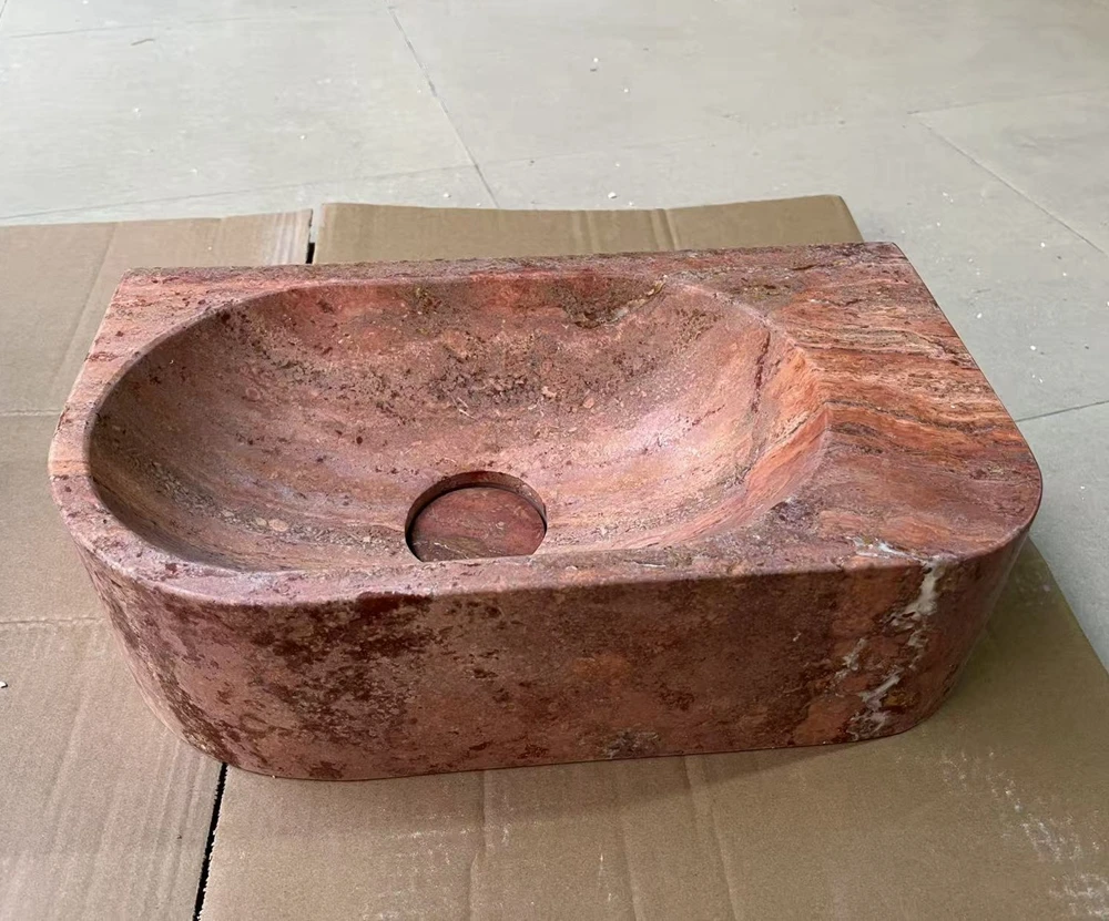 Custom Mini Size Wall Mounted Stone Bathroom Sink Red Travertine Washbasin Rectangle Natural Stone Washbasin