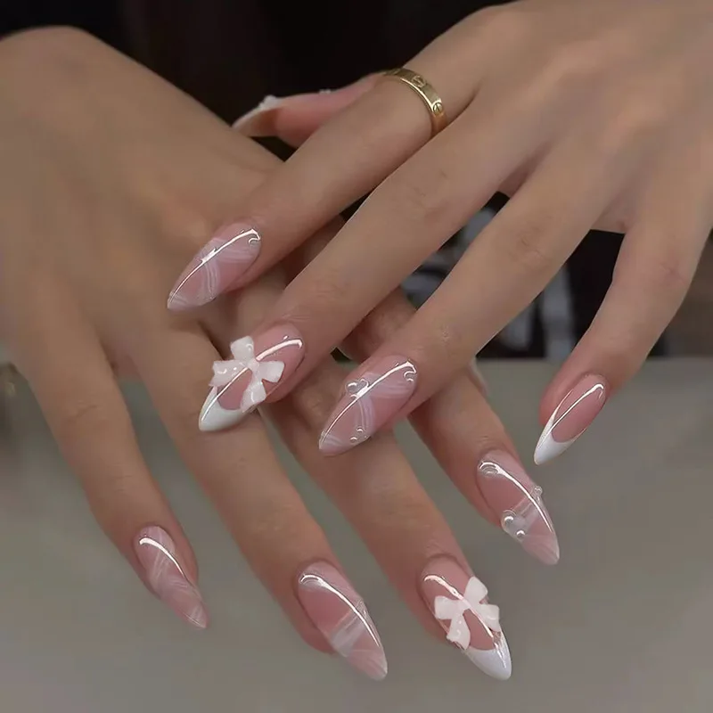 24 Stück lange Stiletto-Kunstnägel, würzige Mädchen-Charm-Maniküre, rosa, zum Aufdrücken der Nägel, vollständige Abdeckung, französische Kunstnägel, Kunst für Frauen