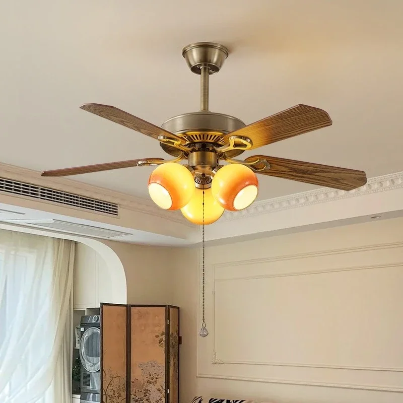 Medieval silent living room fan light retro walnut pattern hall main light full spectrum eye protection restaurant light