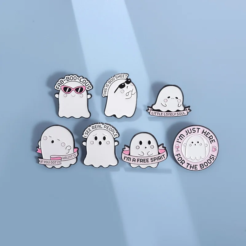 Halloween Cute Ghost Enamel Pins LITTLE LONELY SOUL Brooches Backpack Lapel Badges Cartoon Funny Jewelry Gift for Kids Friends