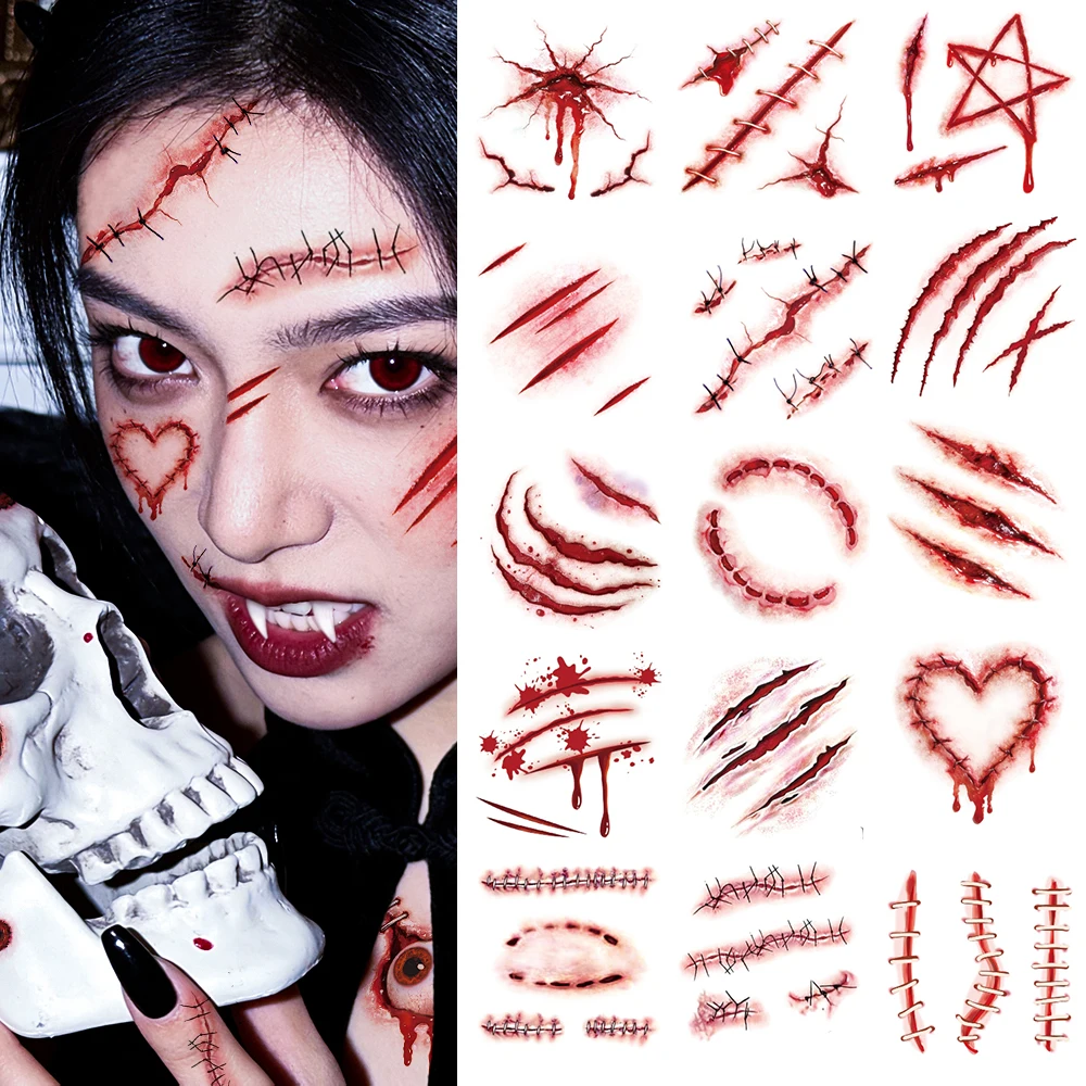20 Hojas de Tatuajes Temporales 3D Realistas de Halloween, Pequeños, con Diseños de Heridas Sangrientas, Puntos de Sutura y Costras, Tatuajes Falsos de Terror para Cuerpo y Cara