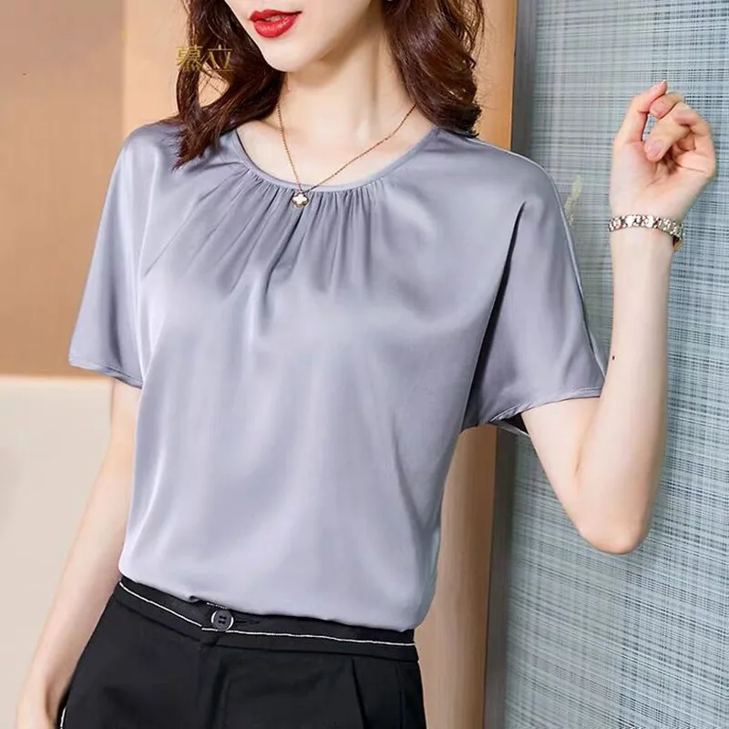 Summer Office Women's Chiffon Blouse plus Size Short Sleeve Acetate Satin Artificial Silk Fashion Top Lady Moda Blsuas Mujer