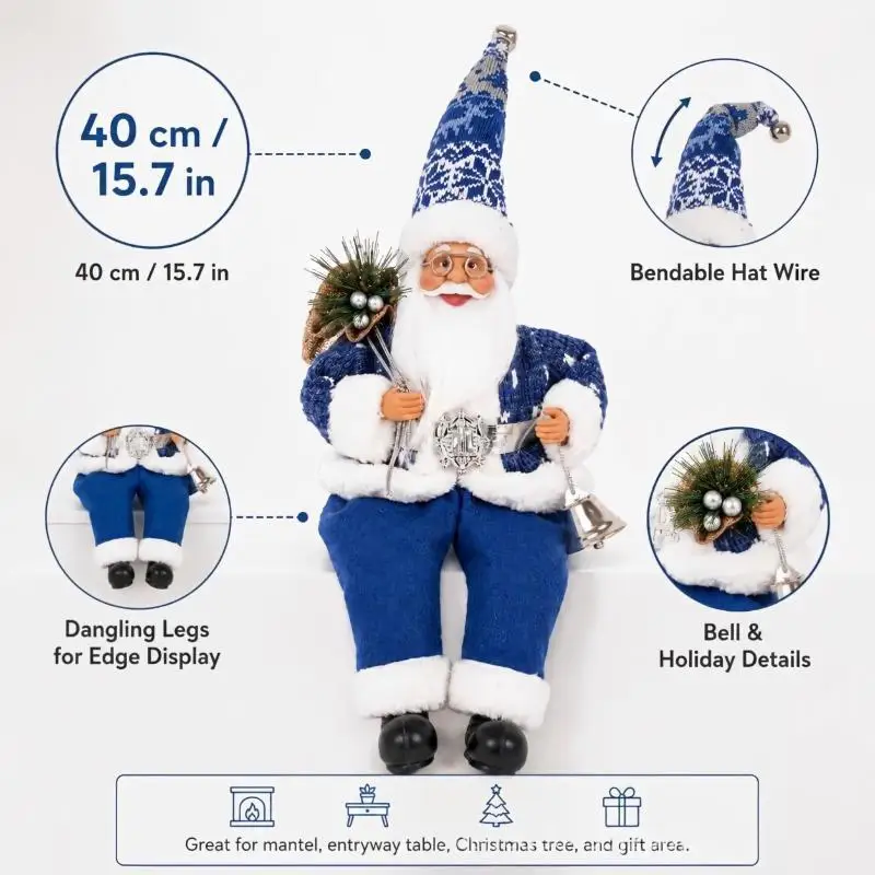 Santa Claus Standing Figurine BPA Free Child Safe Christmas Decoration for Window Display Nursery Xmas Party Home Decor