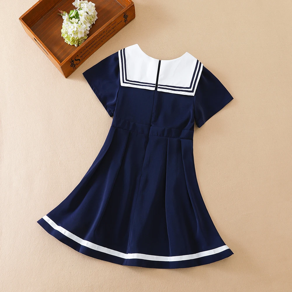 Girls' Short-Sleeved Summer Dress for 5-12 Years Preppy College Style Striped Collar Dresses Back to School Clothes