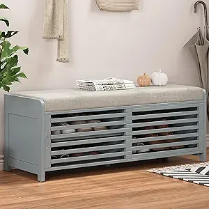 Shoe Bench Two Tier Entryway, Storage Shutter Bench With, Seat Cushion Acacia Veneer, Shoe Rack For Hallway