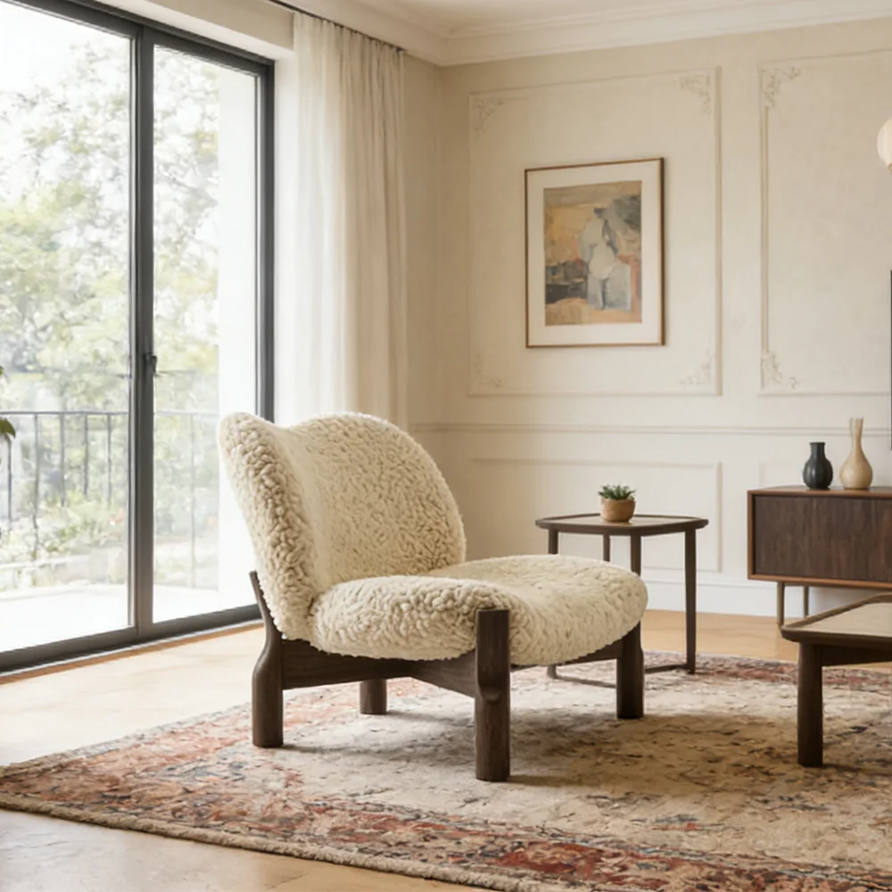 

#Modern Soft Faux Shearling Lounge Chair: Solid Wood Frame Plush Accent Seat For Living Room