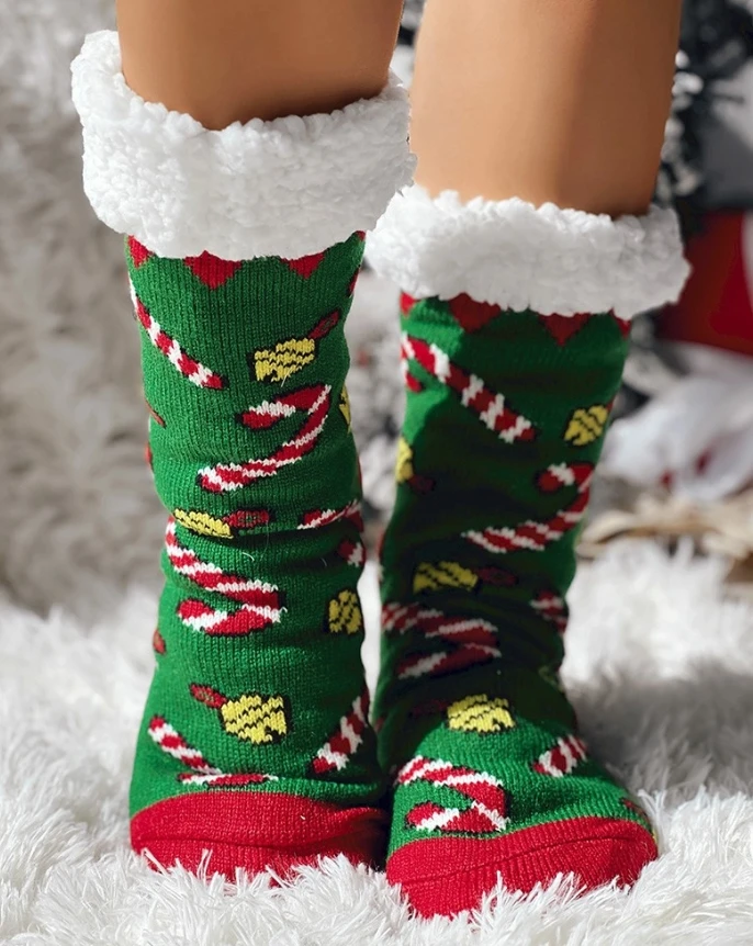 1Pair Christmas reindeer snowflake warm wool lining crew socks 2025 autumn/winter spring new fashionable casual women's clothing