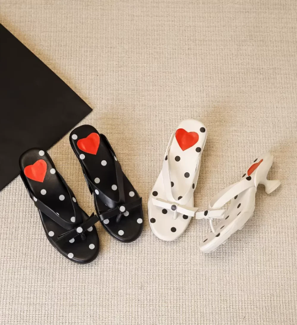 Polka Dot Red Heart Thong Sandals Black White Color Block Chunky Sole Kitten Heel Bow Decoration Retro Round-Toe Casual Sandals