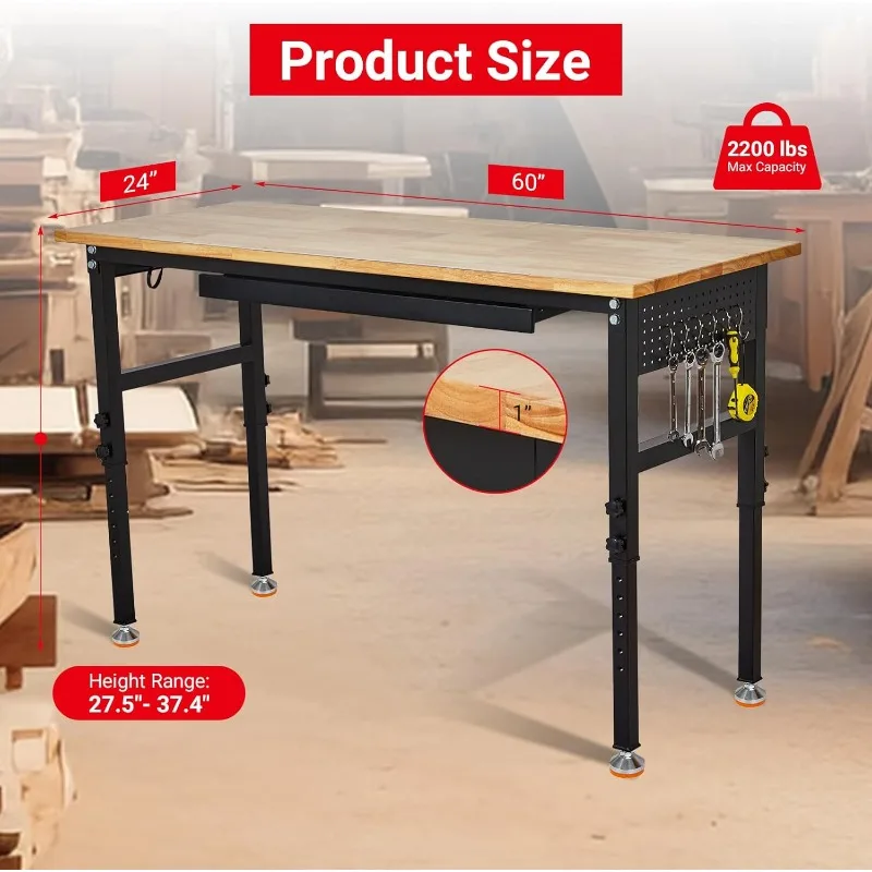 60" Adjustable Workbench with Drawer & Power Outlet,2200 Lbs Load Capacity Capacity Work Table,Heavy Duty Work Bench,Sturdy Stee