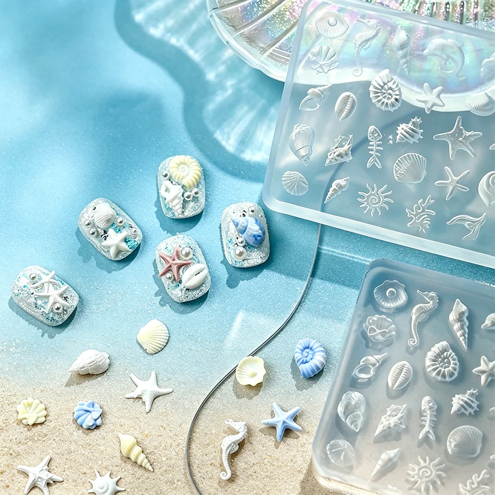 

Summer Beach Theme 3D Silicone Nail Mold, Multi Marine Life Stamping Plate with Seahorse Fish Bone Shell Starfish, Nail Template