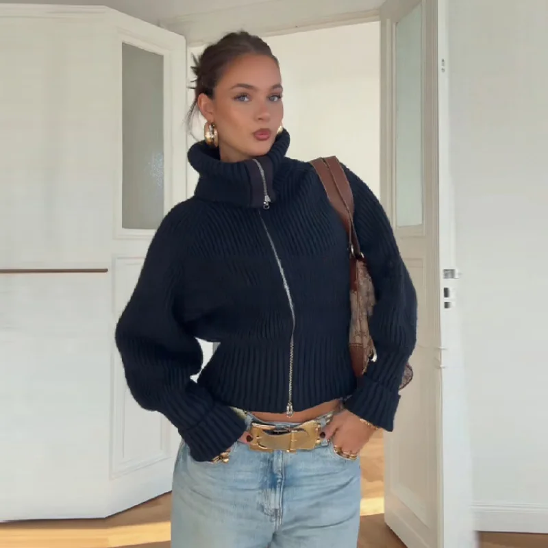 

Fashionable Solid Color High Neck Sweater Zipper Warm Soft Trendy Knit Cardigan Women's Short Jacket Autumn Winter Street Wear