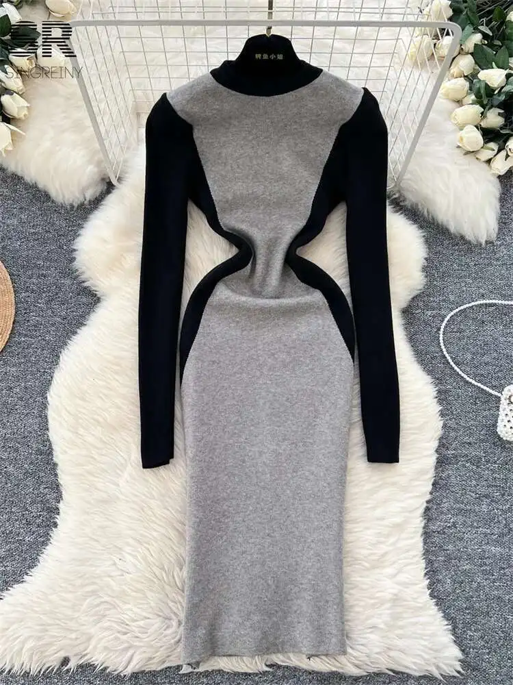 BabYoung الشتاء كتلة اللون محبوك فستان المرأة عادية س الرقبة طويلة الأكمام مطاطا موضة الخريف السيدات فساتين سترة شتاء