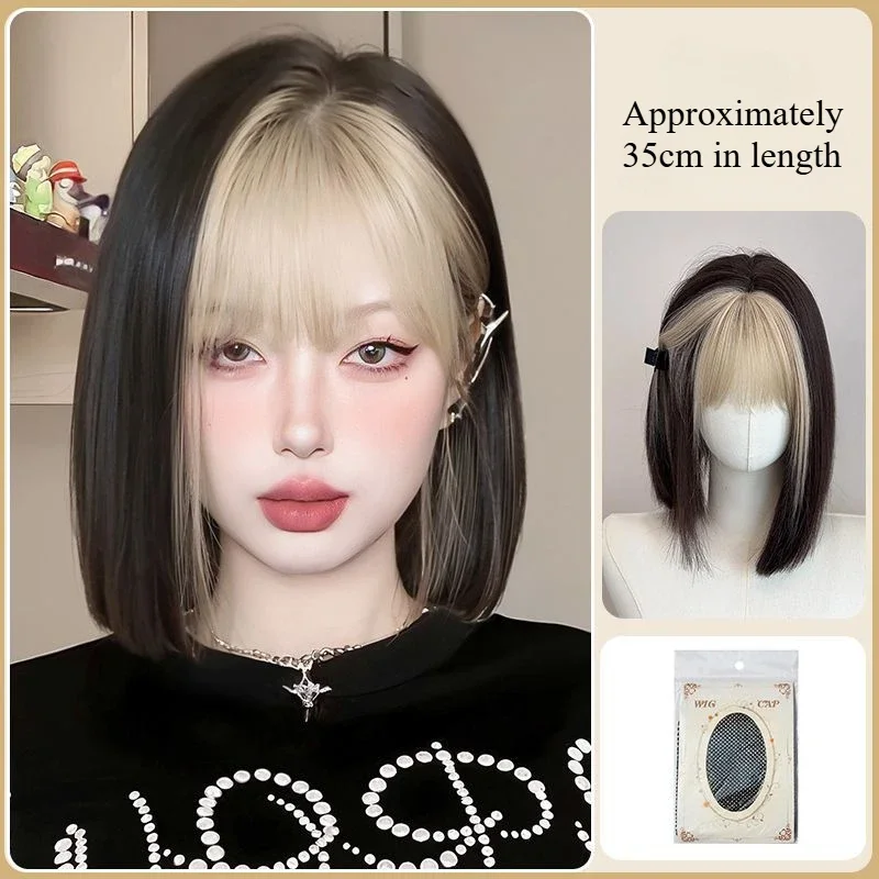 Short highlight golden Synthetic Natural Hair Wigs for Women Bob Straight with Bangs High Temperature Daily cosplay Party Wigs