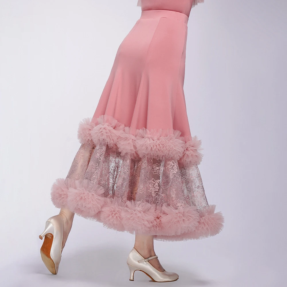 Waltz Long Dress Embroidered Flamenco Skirt New Mocha Standard Competition Elegant Cake Dress Rose Powder Ballroom Dance