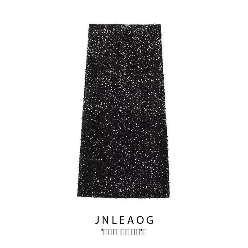 

Faionable Velvet Skirt with Ba Split And Sequins Design by JNLEAOG Autumn New Arrival Stand Fit A-Line Skirt