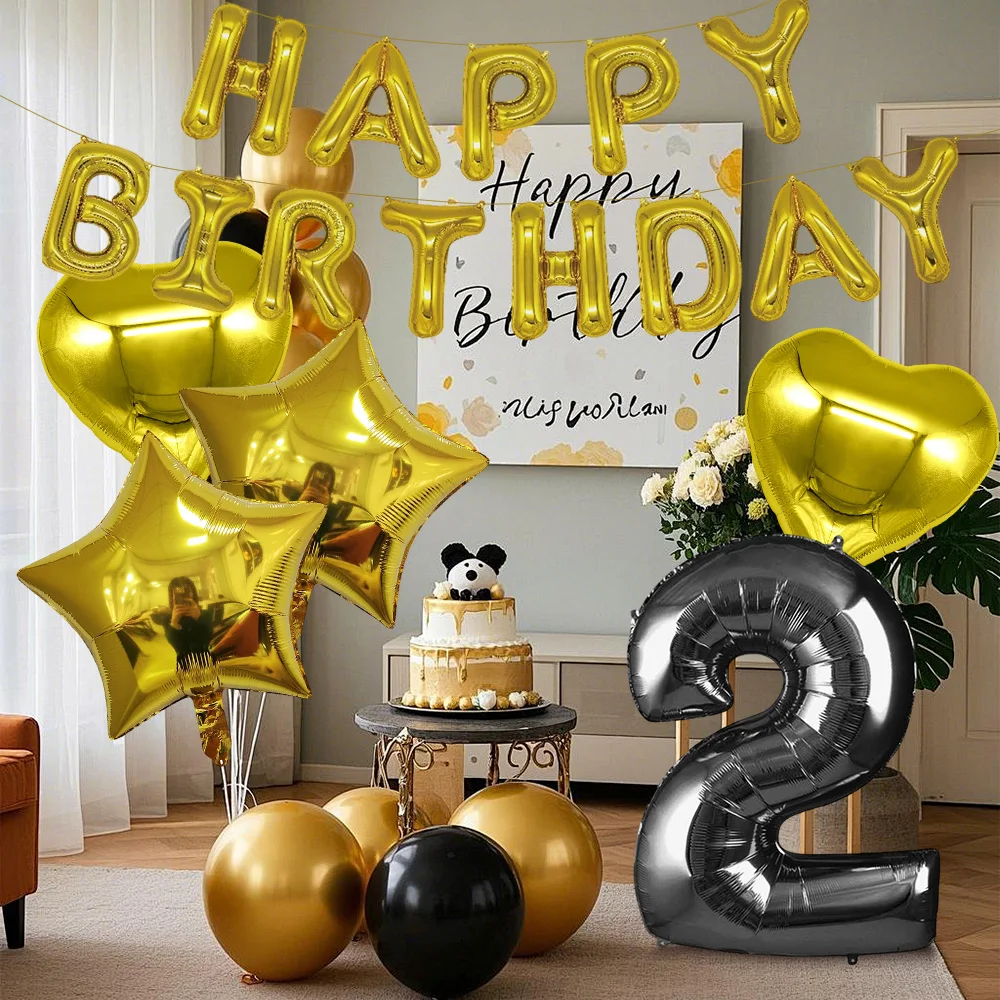

Black Number Aluminium Foil Balloons Golden Star Heart Shape Letter Happy Birthday Banner kit Birthday Party Decor for Kid Adult