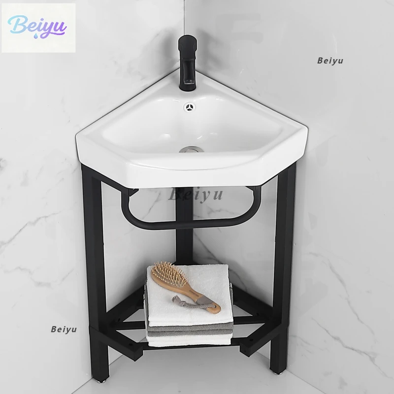 Ceramic triangular basin wash basin small apartment bathroom column basin wall corner floor type stainless steel washbasin balco