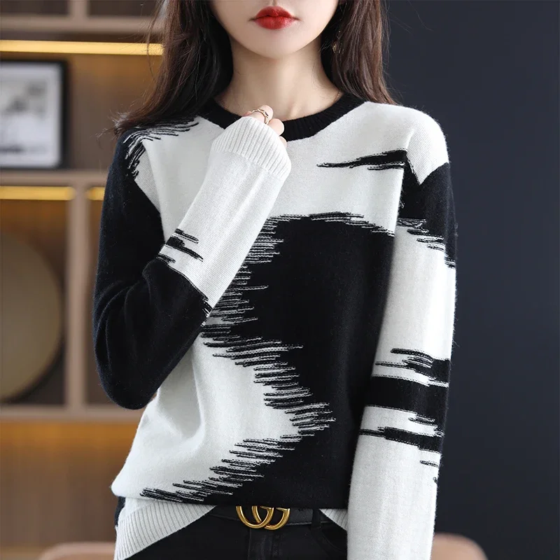 

2024 Women Clothing Knitwear Pullovers for Women Contrast Color Korean Jumper O-neck Casual Knit Sweater Vintage Sueter Mujer