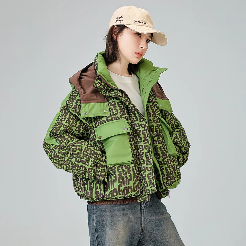 

Women's Short Down Cotton Jacket Autumn Winter Loose Fashion Printed Casual Hooded Cotton Coat Thickened Warm Puffer Parkas