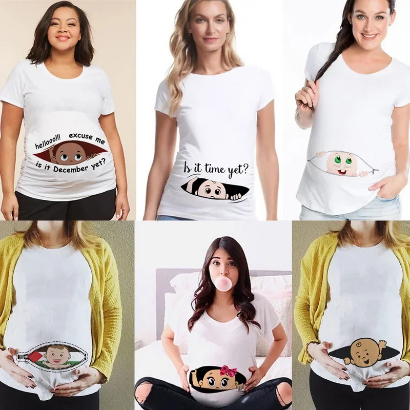 Funny Cartoon Print Pregnancy T-Shirt, Casual Tops, Maternity Clothing, Short Sleeve, Summer, Hot Sale