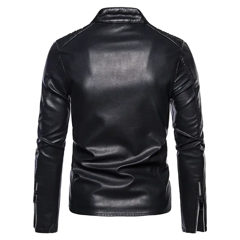 Spring Autumn Men's Motorcycle Leather Jacket Solid Stand Collar Jackets Fashion Casual Trend White Windproof Coat Streetwear