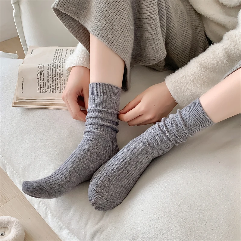 Retro Women Socks Japanese Style Autumn New Solid Color Warm Home Simple Crew Socks Girls Breathable Casual Striped Loose Socks