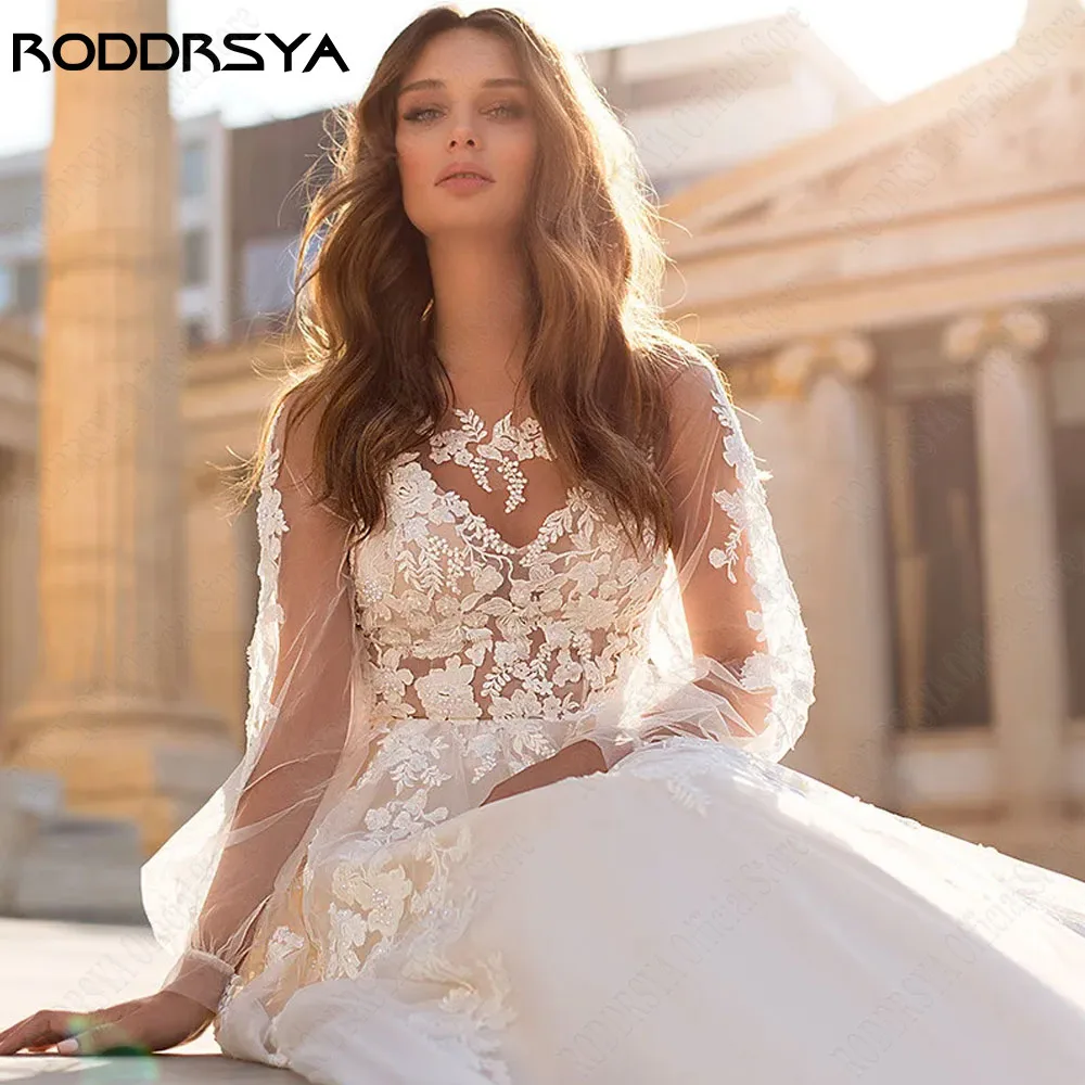 RODRSYA Elegante Mangas Longas Puff Vestido de Casamento 2024 Applique Scoop Neck VeRODDRSYA Elegante Longo Sopro Mangas Weddng Vestido 2024 Applique Scoop Pescoço Vestidos De Noiva Lace A-Line Ilusão Vestidos De Novia