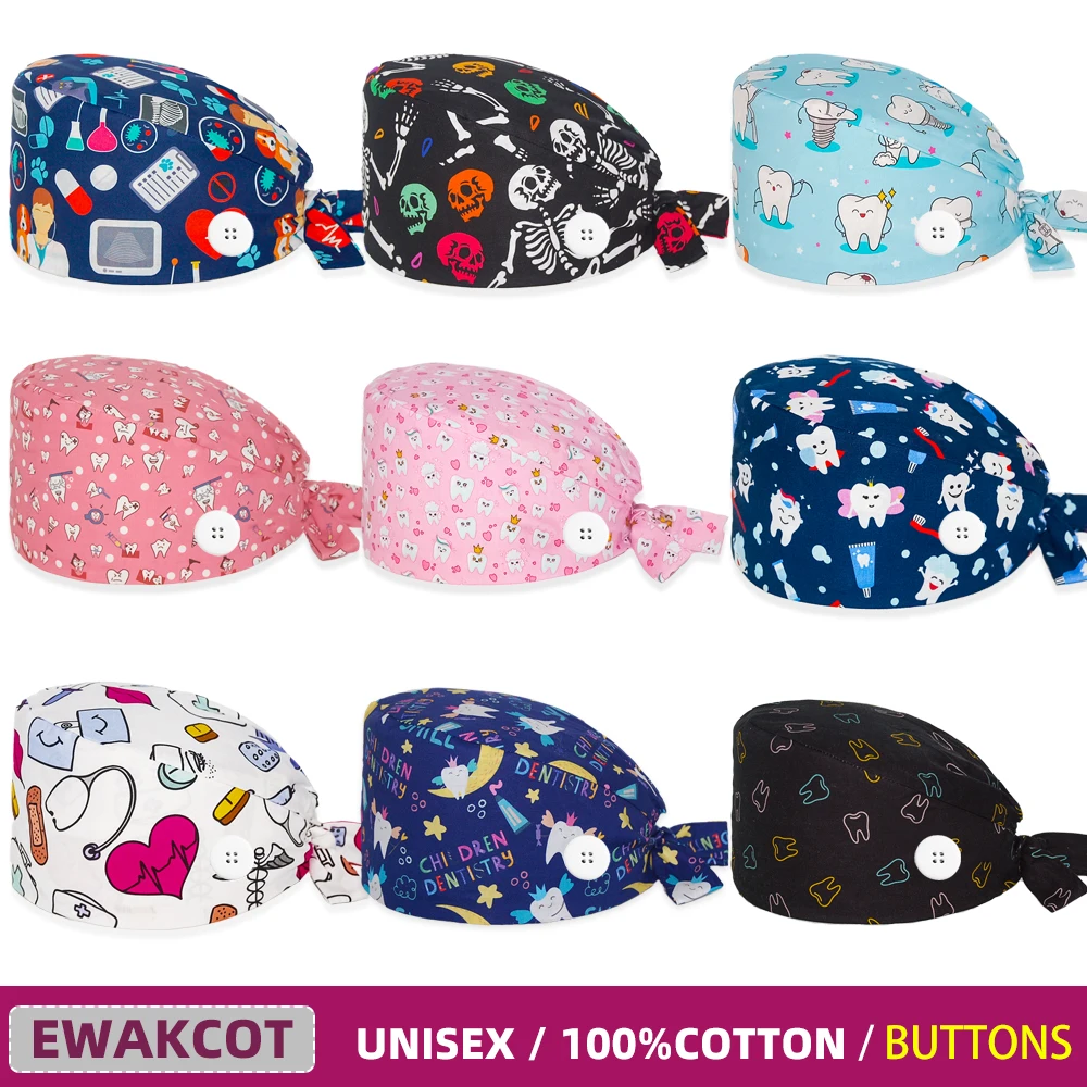 Women men Dental Cap printed pet shop vet hospital Dental scrub hat 100%cotton pharmacy medical surgeon caps buttons