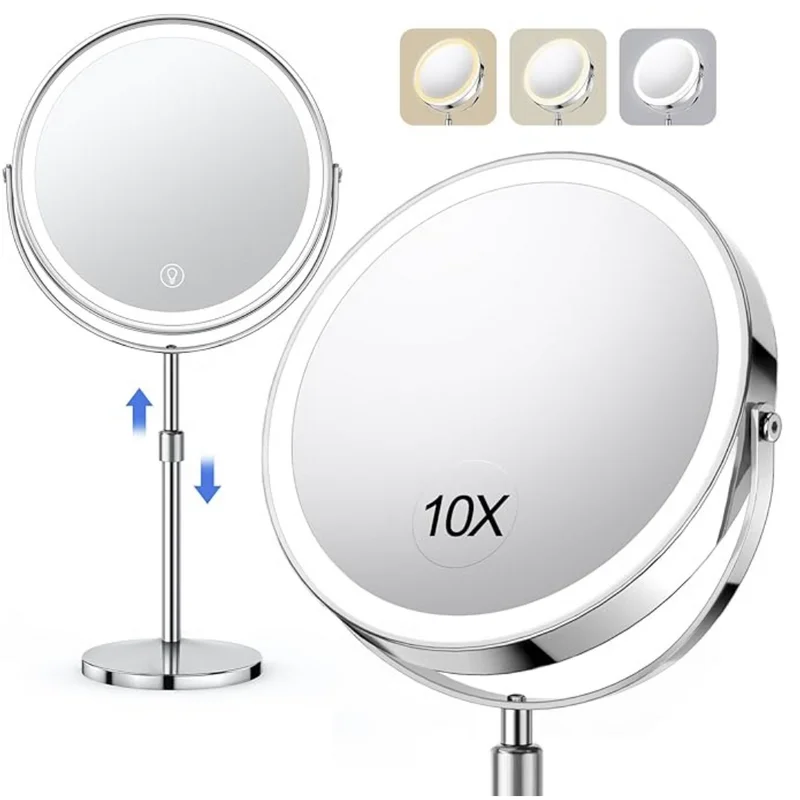 

8" LED Makeup Mirror,Rechargeable Height Adjustable 1X/10X Magnifying with 3 Color & Brightness Adjustable, 360° Rotation