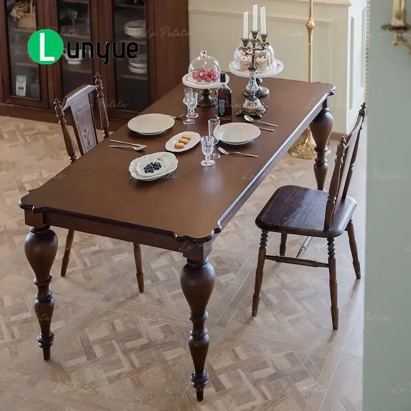 Solid Wood Vintage Dining Table Multifunctional Study Desk with Hidden Storage Rectangle Design 6 Seats Home Furniture