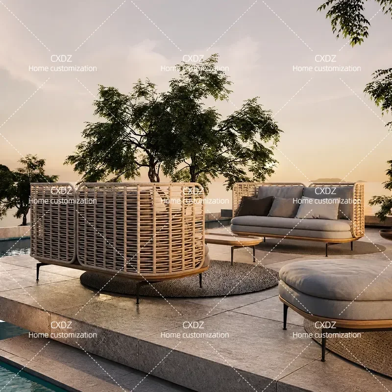 Nordic Outdoor Teak Sofa Set Waterproof Sunproof Courtyard Villa Garden Furniture with Coffee Table and Chairs Combination