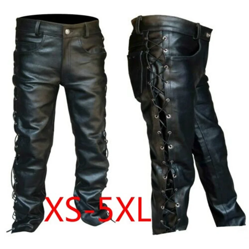 

Lace Up Leather Pants Motorcycle Punk Black Pants for Men Fashion Winter Big and Tall Mens Clothing Pantalon Homme Trousers