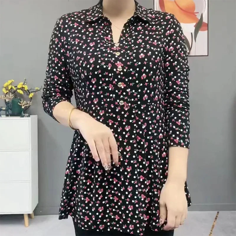 

Prairie Chic Turn-down Collar Floral Printing Long Sleeve Loose Pullover Midi T-Shirt Spring Autumn Patchwork Button Womens Top