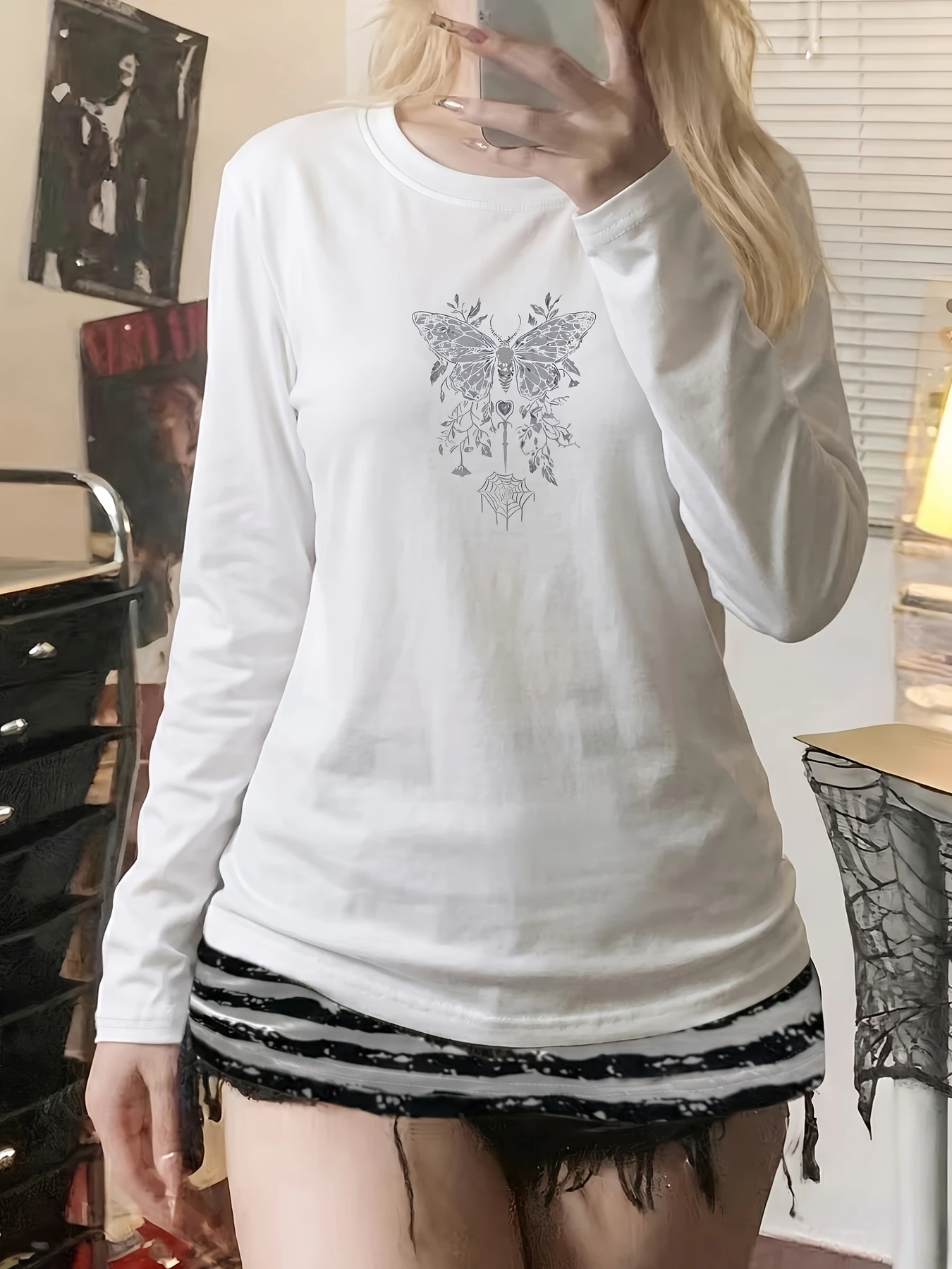 Y2K, imprimé toile d'araignée foncé, chemisier à manches longues pour femme, style printemps/automne adapté au style rétro américain, décontracté et cool