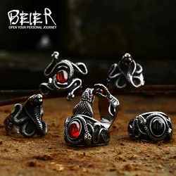 Beier New Arrival  Double Snake Head Ring With Stones For Men Punk Hip Hop Retro Gothic Stainless Steel  AdjustableJewelry