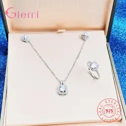 Giemi New Arrival Square Shape Ladies Jewelry Sets Accessory 925 Sterling Silver  Pendant Necklace Stud Earring Ring Set