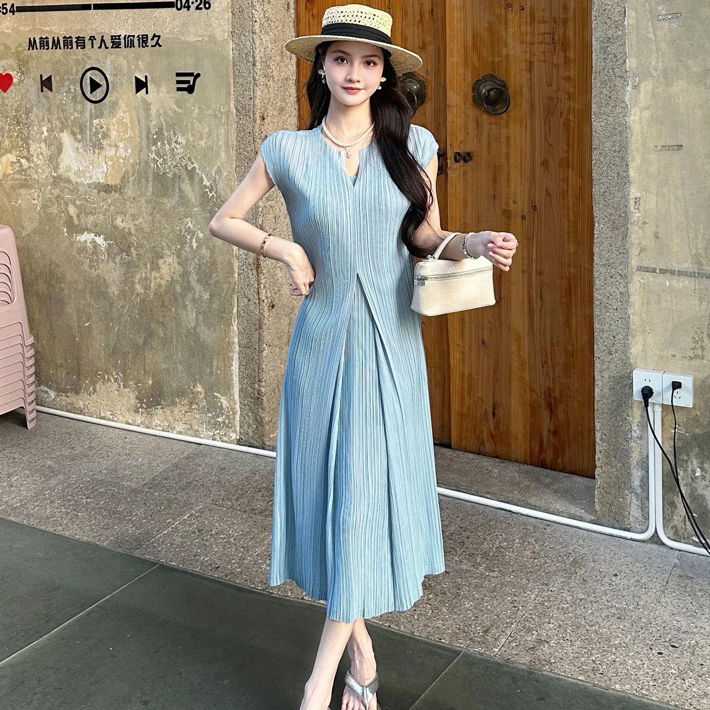 

Miyake Summer Women's Blue Dress Pleated French Fashion Pleats Waist V-neck Short Sleeve Slim Plisse Irregular Pleated Skirt