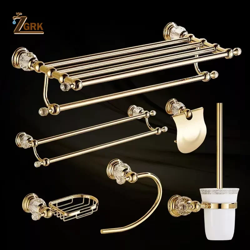 ZGRK Classical Bathroom Hardware Set Gold Polished Bath Accessories Wall-Mounted Towel Bar Paper Holder Towel Ring Soap Dish