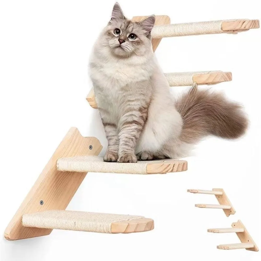 1pc/4pcs Wooden Cat Climbing Shelves Sisal Cover Pet Stairs Toy Cat Scratcher Furniture Wall Mounted Cat Wall Shelves