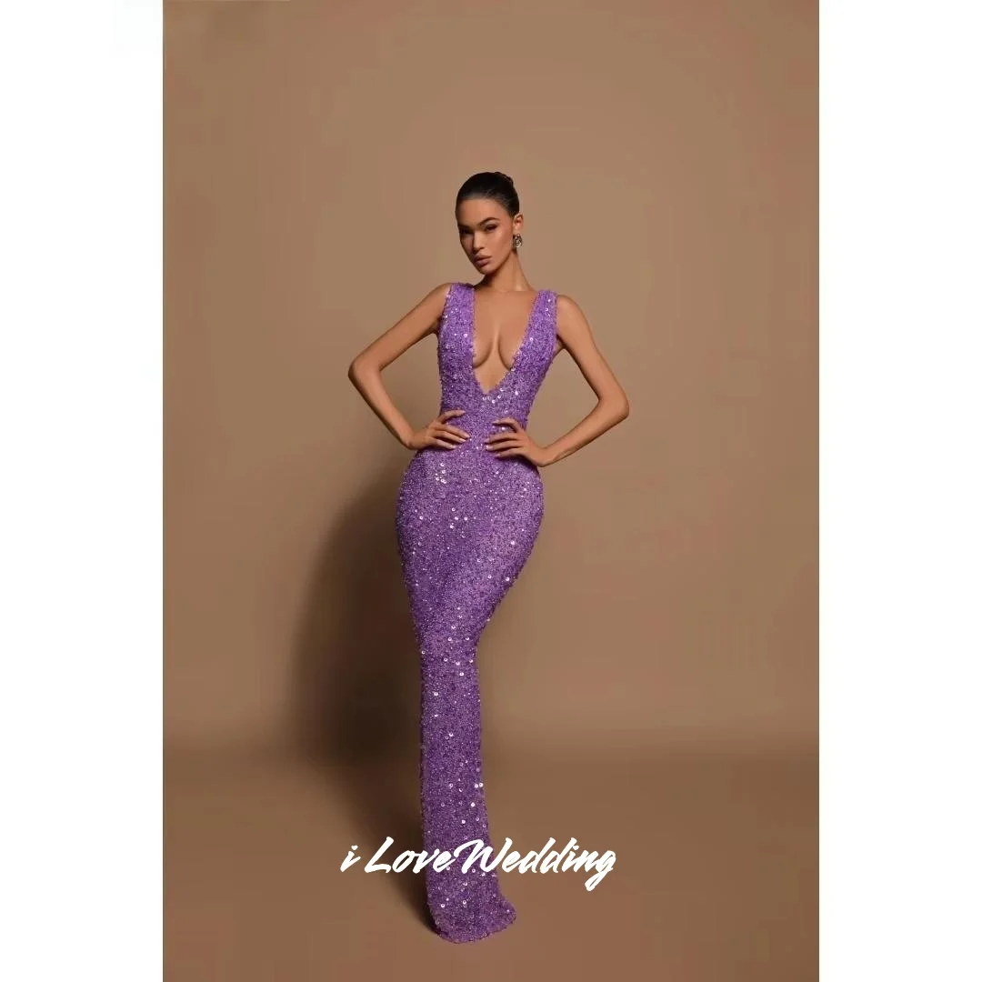 

Фиолетовый Глубокий V-образный вырез с блестками и бисером Русалка без рукавов и открытой спины Вечерние платья длиной до пола Плиссированное свадебное платье по индивидуальному заказу