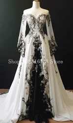 Fantasy Flower Embroidery Wedding Dress One Shoulder Embroidery Applique Long Sleeve A-Line Long Customised Long Bridal Gowns