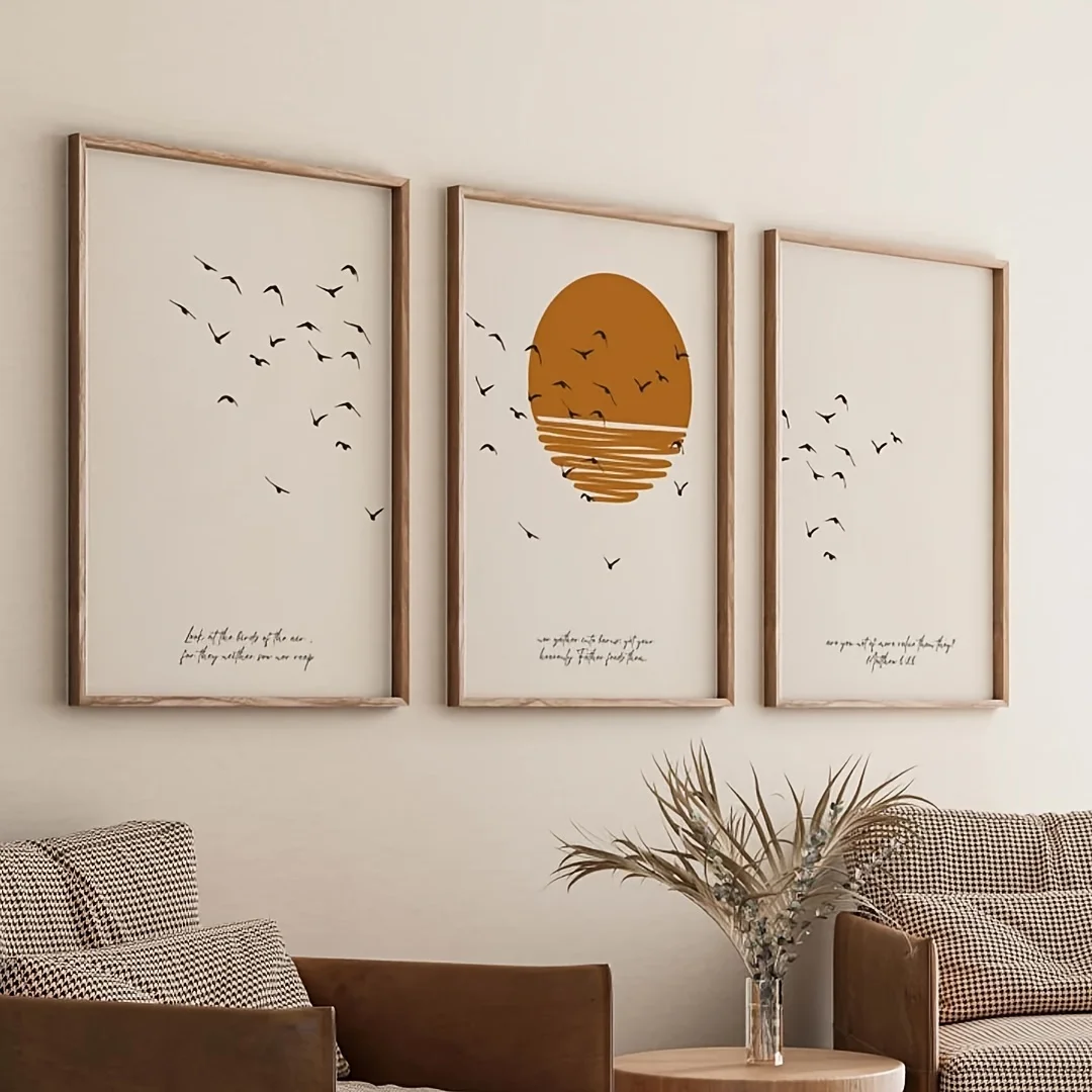 （Noframe 3PCS）-2D Flat, 2D Flat, Set of Three Pieces Featuring The Verse Matthew 6:26, Depicting Birds. Ideal for Christian-T