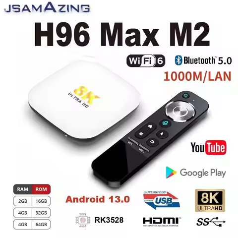 H96 Max M2 Android 13.0 Smart TV BOX LAN 1000M RK3528 8K WIFI6 ARM Cortex A53 2/4GB 16/32/ 64GB 2.4G/5G ForGoogle Media Player