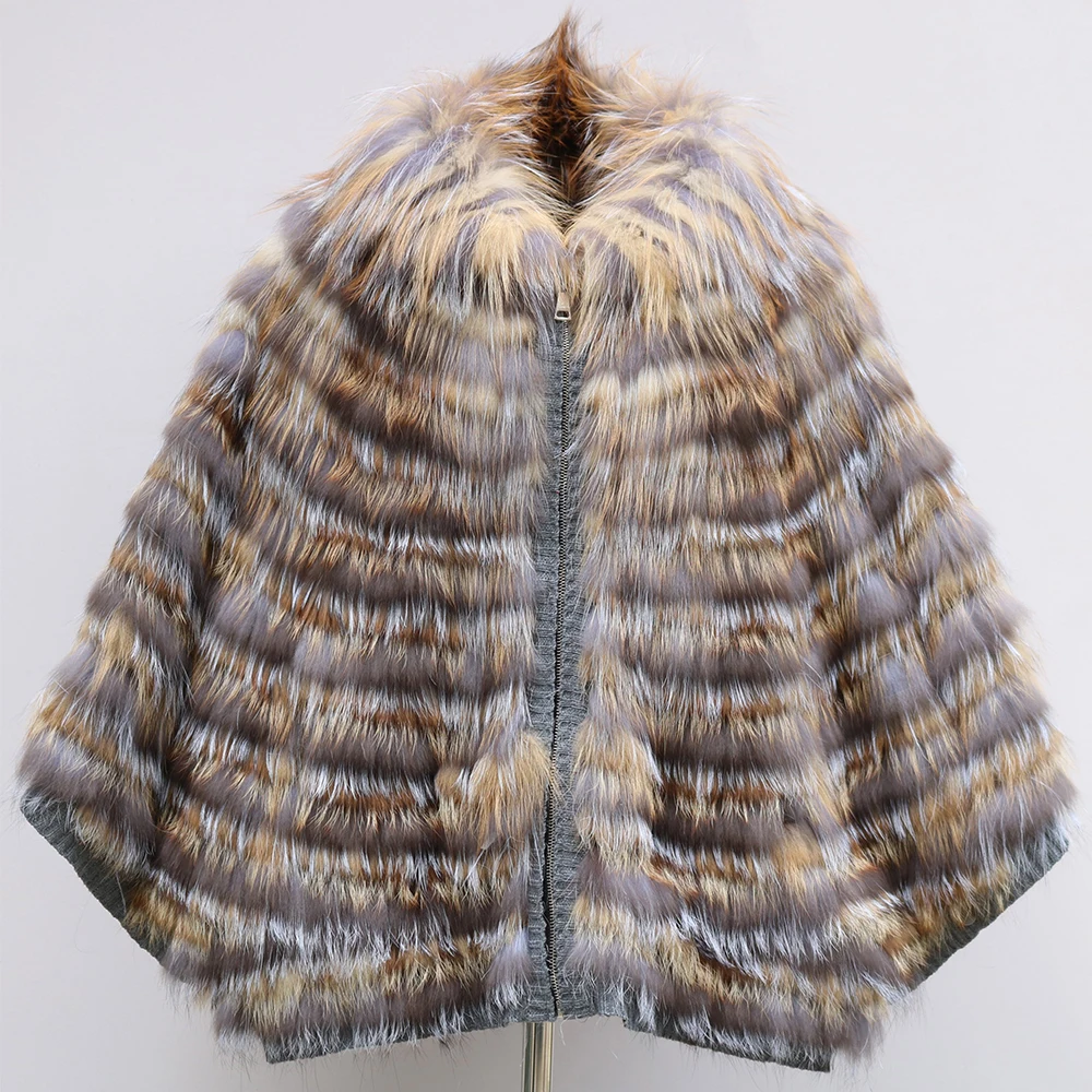 

FURYOUME осенне-зимний женский вязаный свитер с лисьим мехом в полоску, кардиган с лисьим мехом, воротник с рукавами «летучая мышь», уличная одежда