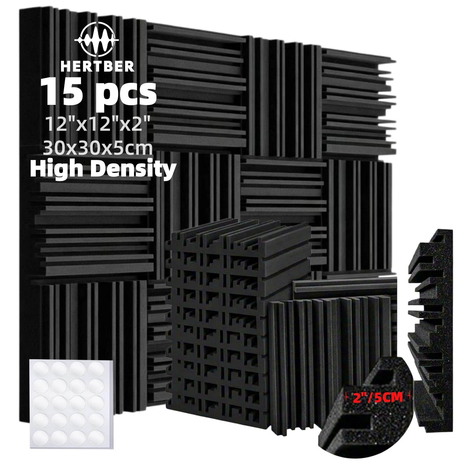HERTBER 15Pcs Groove Acoustic Foam Panels 30×30×5cm High Density Sound Absorbing Wall Panels with Adhesive Dots