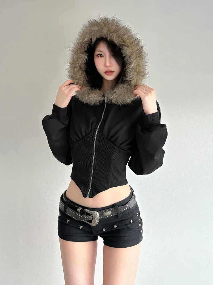 

American Retro Style Long Sleeve Short Hooded Jacket Women Casual Pure Color Faux Fur Collar Coat Zipper Vintage 2025 Autumn