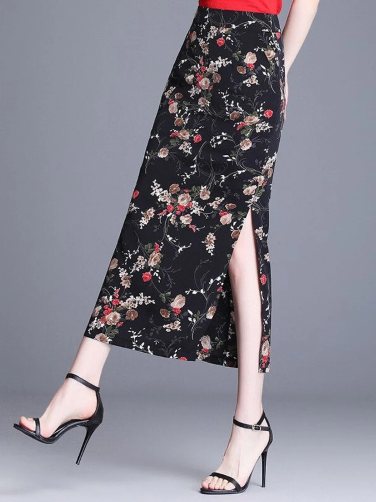 

High Waist Chiffon Floral Split Skirt Women's Summer New Style Elegant Long Skirt Chinese Style Bodycon Midi Skirt